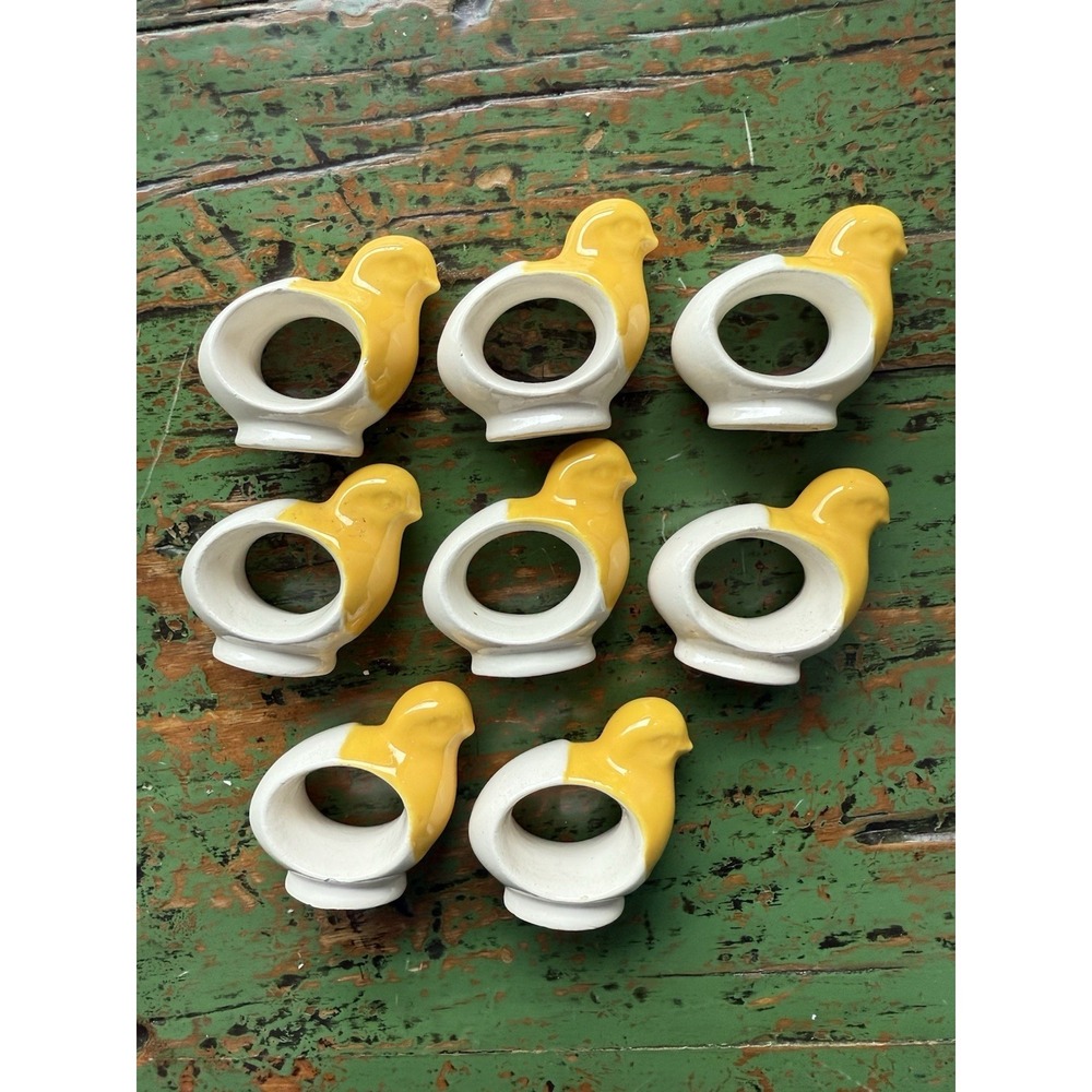 Vintage Ceramic Duck Shaped Napkin‎ Ring Holders Easter White And Yellow